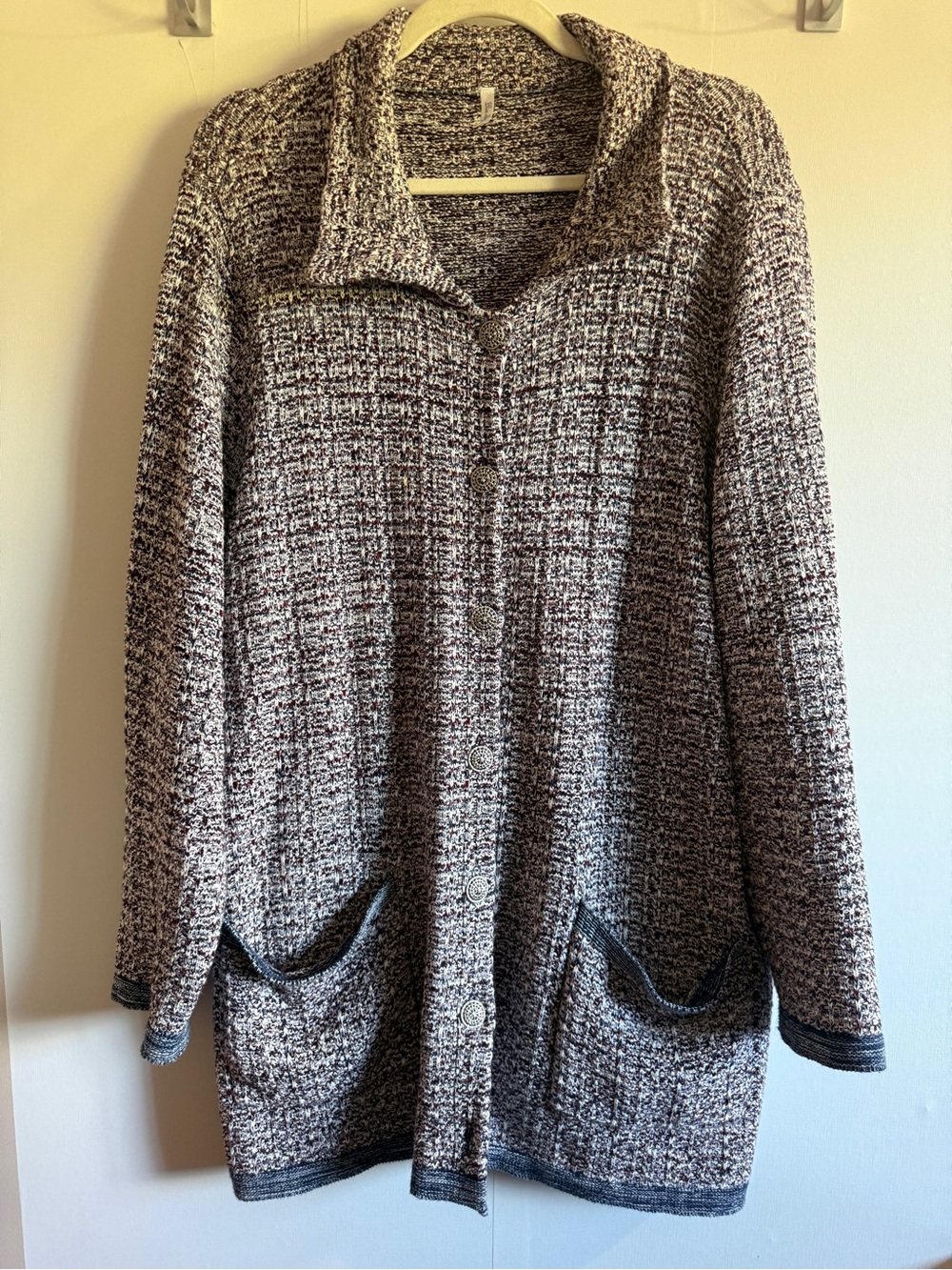 Blue Sky Clothing Co 1X Cotton Marled Long Cardigan Button Front Pockets